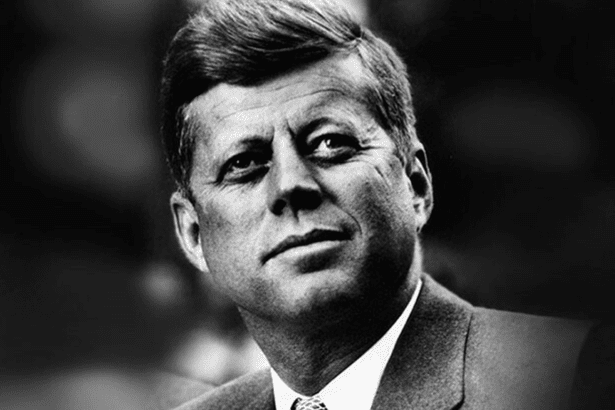 Black-and-white portrait of JFK