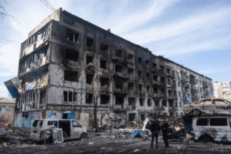 Damaged Ukrainian shopping center