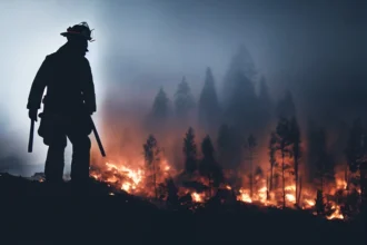 Silhouette of a firefighter standing on a hill overlooking a raging forest fire at night, with trees engulfed in flames and smoke filling the air.