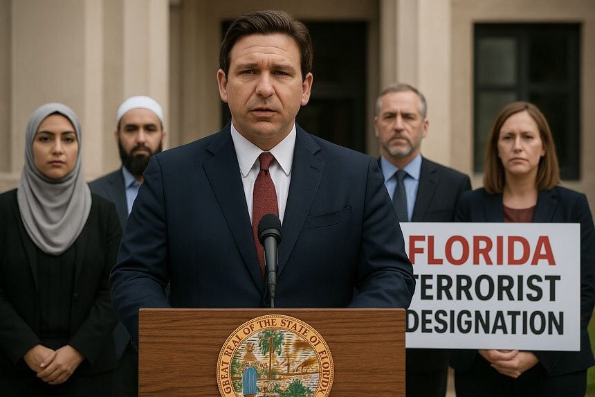 Florida governor speaking at a press conference on CAIR and Muslim Brotherhood terrorist designation