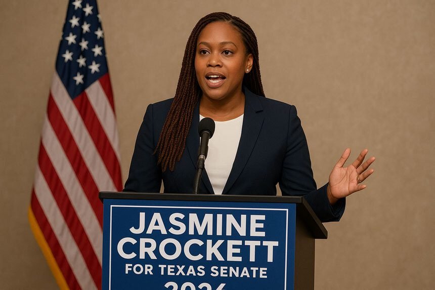 Jasmine Crockett speaking at a podium during her 2026 Texas Senate campaign announcement, with an American flag in the background.